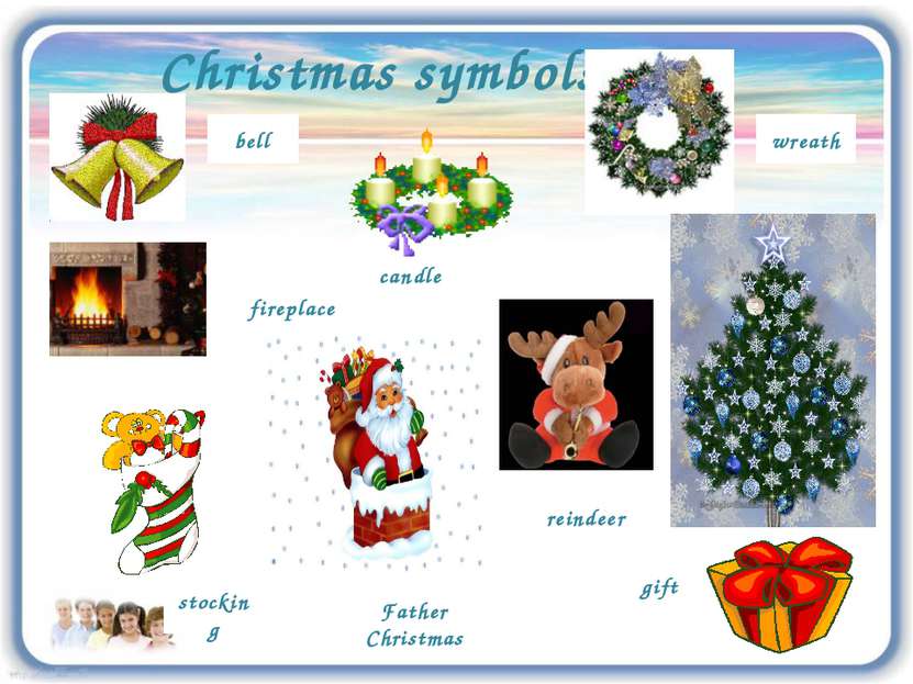 Christmas symbols wreath reindeer bell stocking fireplace Father Christmas ca...