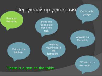 Переделай предложения: Pen is on the table. Car is in the garage. Pens and pe...