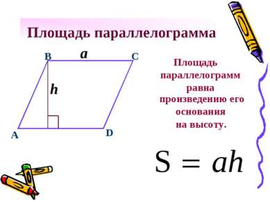 Площадь параллелограмма Площадь параллелограмм равна C a B D h A произведению...