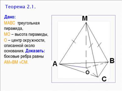 Дано: МАВС треугольная пирамида, МО – высота пирамиды, О – центр окружности, ...