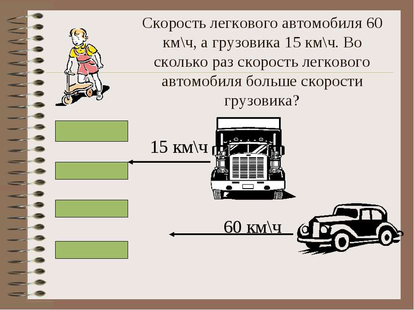 Скорость легкового автомобиля 60 км\ч, а грузовика 15 км\ч. Во сколько раз ск...