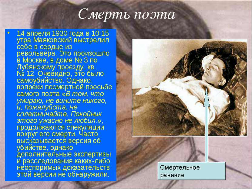 Смерть поэта 14 апреля 1930 года в 10:15 утра Маяковский выстрелил себе в сер...
