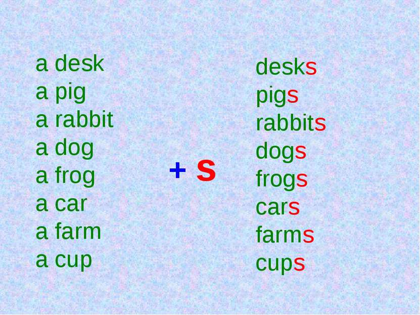 a desk a pig a rabbit a dog a frog a car a farm a cup + s desks pigs rabbits ...