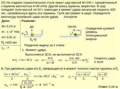 23) На гладком горизонтальном столе лежит шар массой М=240 г, прикрепленный к...