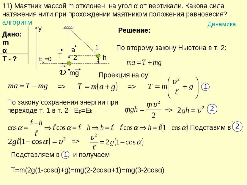 11) Маятник массой m отклонен на угол α от вертикали. Какова сила натяжения н...