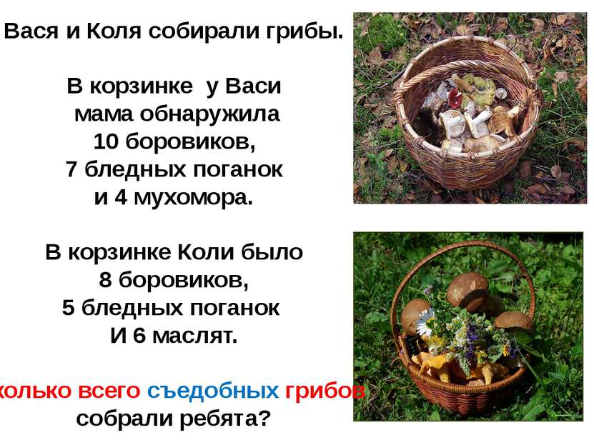 Вася и Коля собирали грибы. В корзинке у Васи мама обнаружила 10 боровиков, 7...