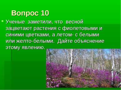 Вопрос 10 Ученые заметили, что весной зацветают растения с фиолетовыми и сини...
