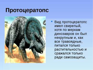 Протоцератопс Вид протоцератопс имел свирепый, хотя по меркам динозавров он б...