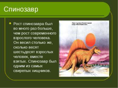 Спинозавр Рост спинозавра был во много раз больше, чем рост современного взро...