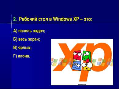 Рабочий стол в Windows XP – это: А) панель задач; Б) весь экран; В) ярлык; Г)...