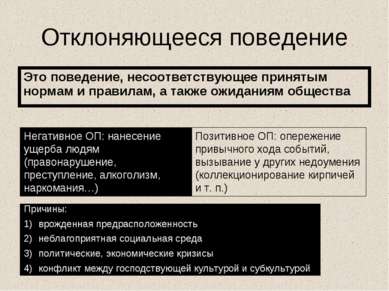 Отклоняющееся поведение Это поведение, несоответствующее принятым нормам и пр...