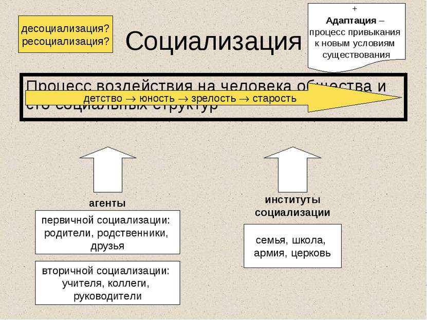 Социализация Процесс воздействия на человека общества и его социальных структ...