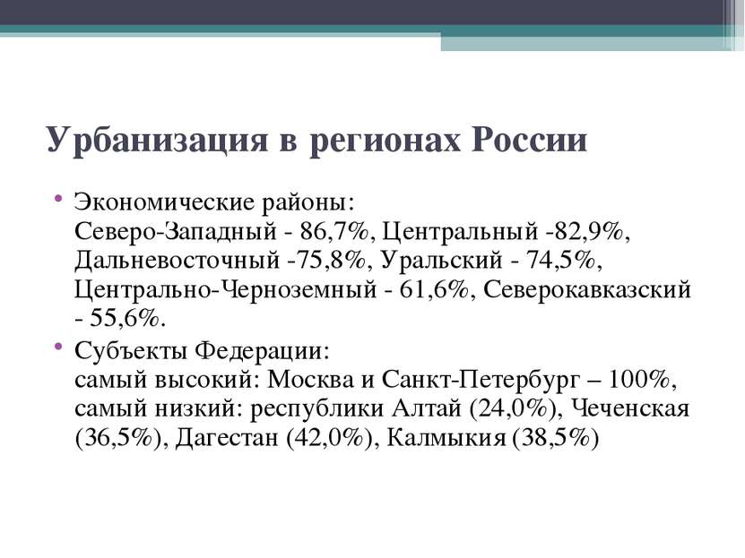 Урбанизация в регионах России Экономические районы: Северо-Западный - 86,7%, ...