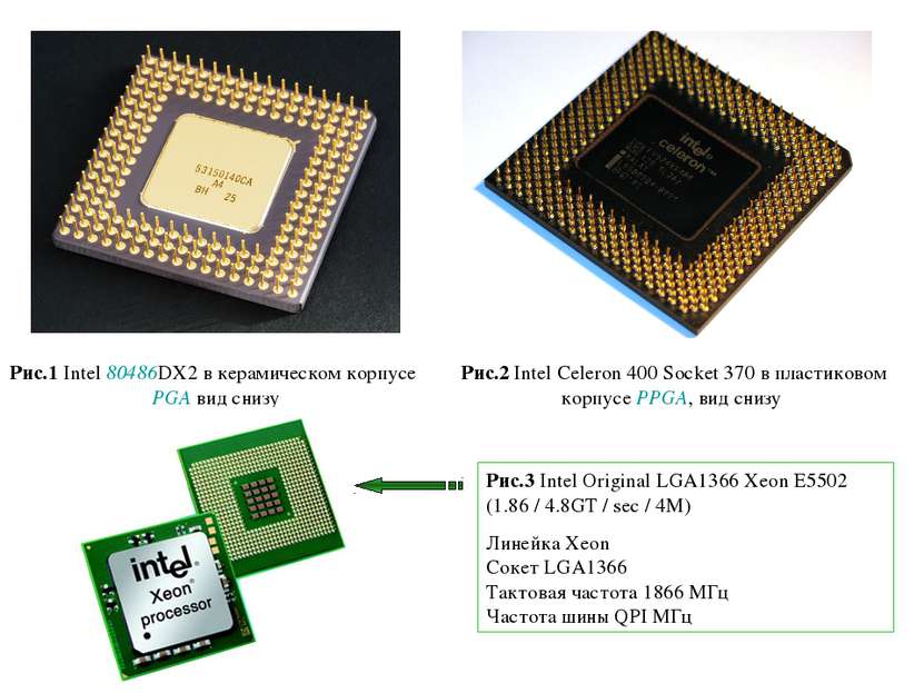 Рис.1 Intel 80486DX2 в керамическом корпусе PGA вид снизу Рис.2 Intel Celeron...