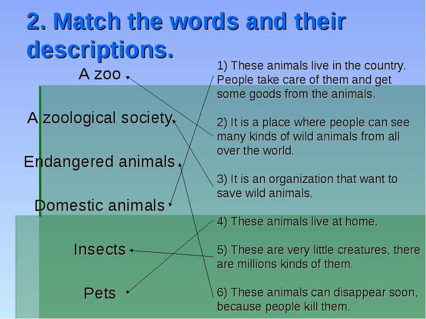 2. Match the words and their descriptions. A zoo A zoological society Endange...
