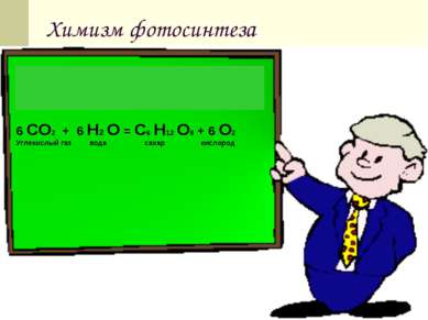 Химизм фотосинтеза 6 СО2 + 6 Н2 О = С6 Н12 О6 + 6 О2 Углекислый газ вода саха...