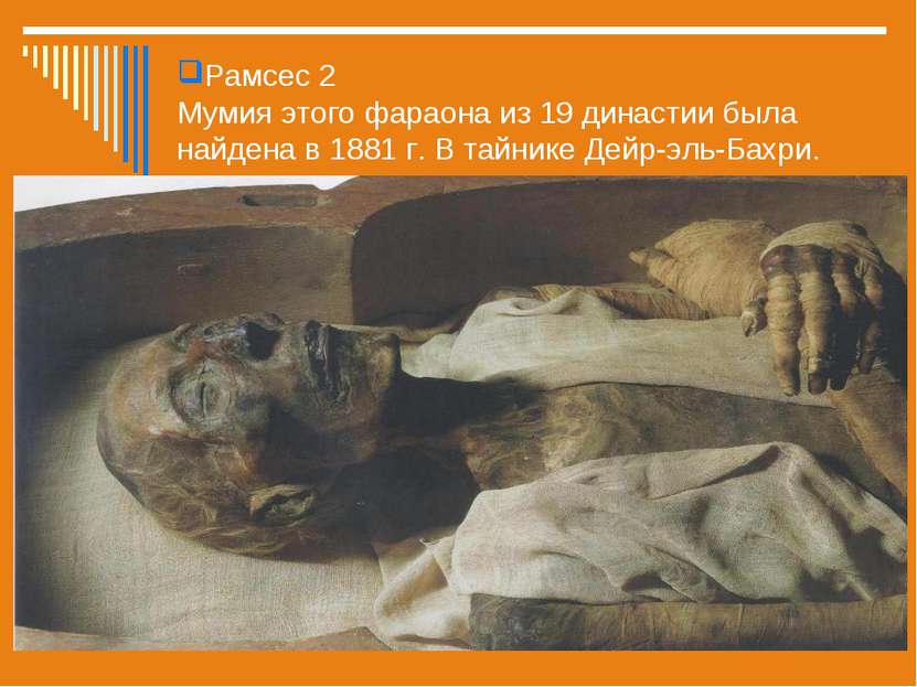 Рамсес 2 Мумия этого фараона из 19 династии была найдена в 1881 г. В тайнике ...