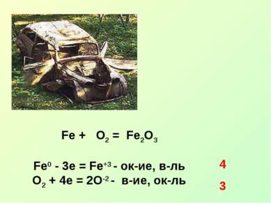 Fe + O2 = Fe2O3 Fe0 - 3e = Fe+3 - ок-ие, в-ль O2 + 4e = 2O-2 - в-ие, ок-ль 4 3