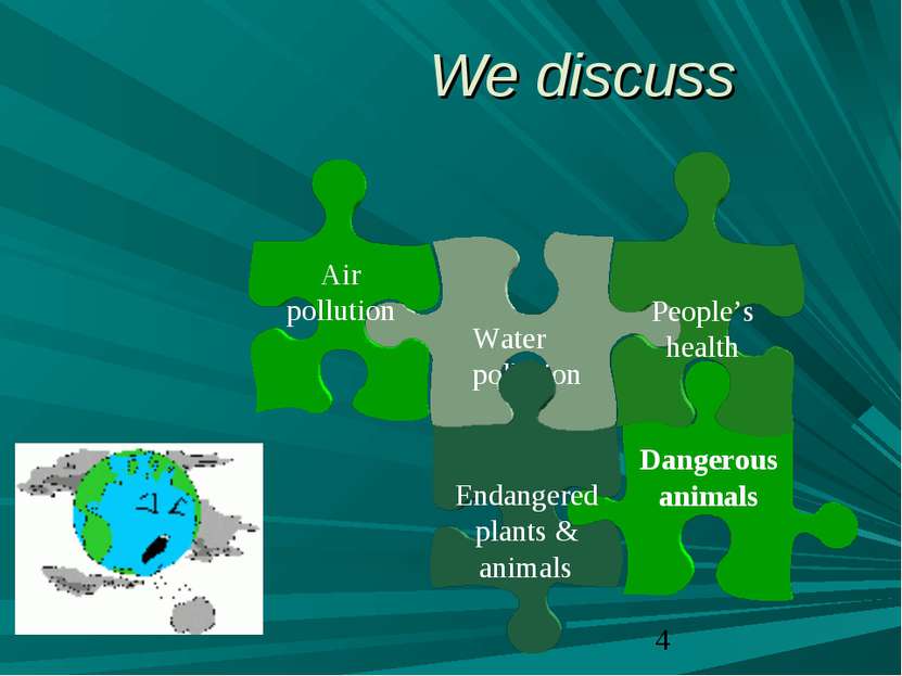 We discuss Dangerous animals Water pollution People’s health Air pollution En...
