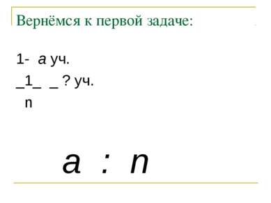 Вернёмся к первой задаче: a : n 1- a уч. _1_ _ ? уч. n
