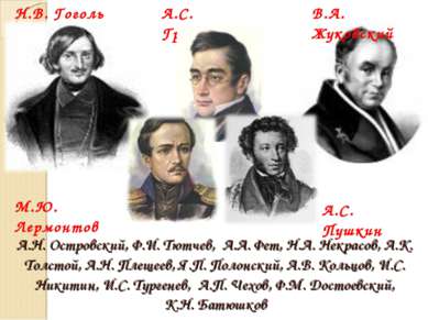 А.Н. Островский, Ф.И. Тютчев, А.А. Фет, Н.А. Некрасов, А.К. Толстой, А.Н. Пле...