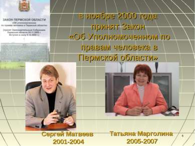 * Сергей Матвеев 2001-2004 В ноябре 2000 года принят Закон «Об Уполномоченном...