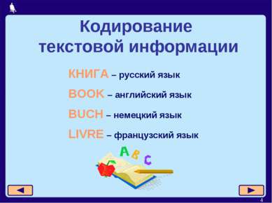 * Кодирование текстовой информации КНИГА – русский язык BOOK – английский язы...