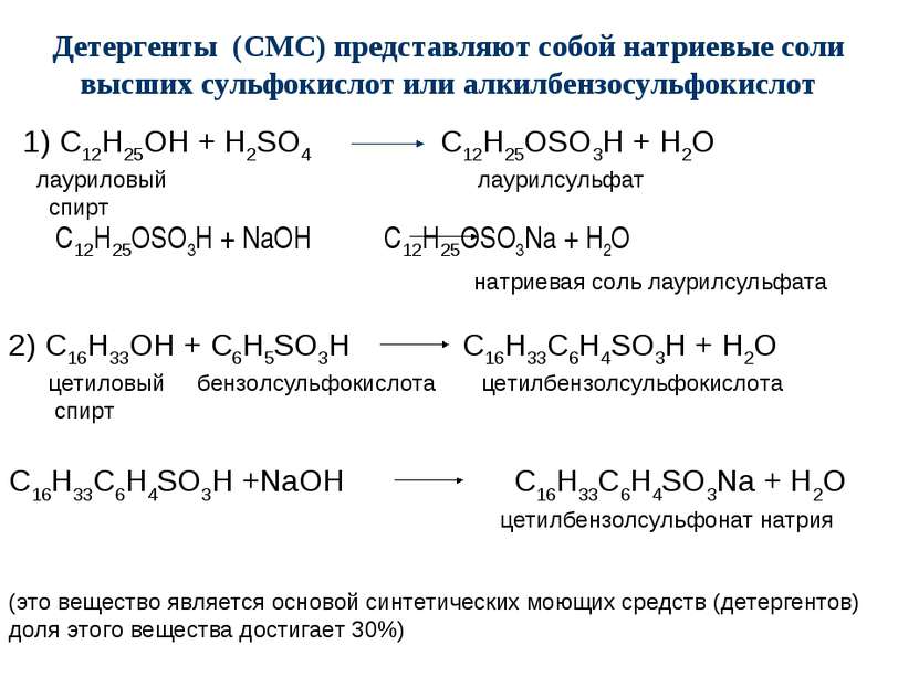 1) C12H25OH + H2SO4 C12H25OSO3H + H2O лауриловый лаурилсульфат спирт C12H25OS...