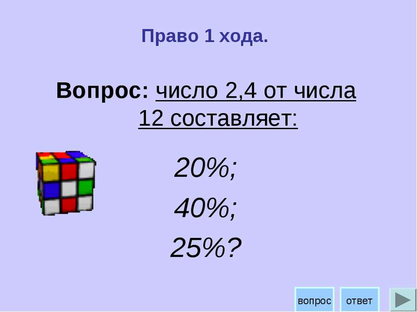 Право 1 хода. Вопрос: число 2,4 от числа 12 составляет: 20%; 40%; 25%? ответ ...