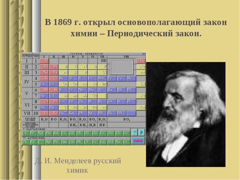 Д. И. Менделеев русский химик В 1869 г. открыл основополагающий закон химии –...