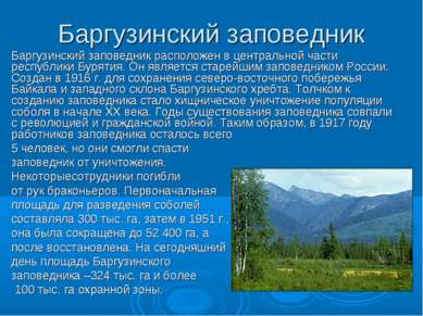 Баргузинский заповедник Баргузинский заповедник расположен в центральной част...