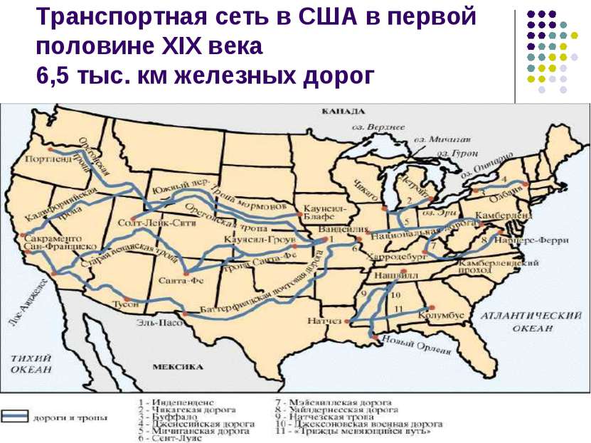 Транспортная сеть в США в первой половине XIX века 6,5 тыс. км железных дорог