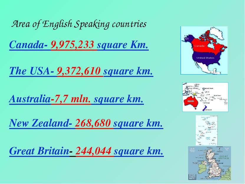 Area of English Speaking countries Canada- 9,975,233 square Km. The USA- 9,37...