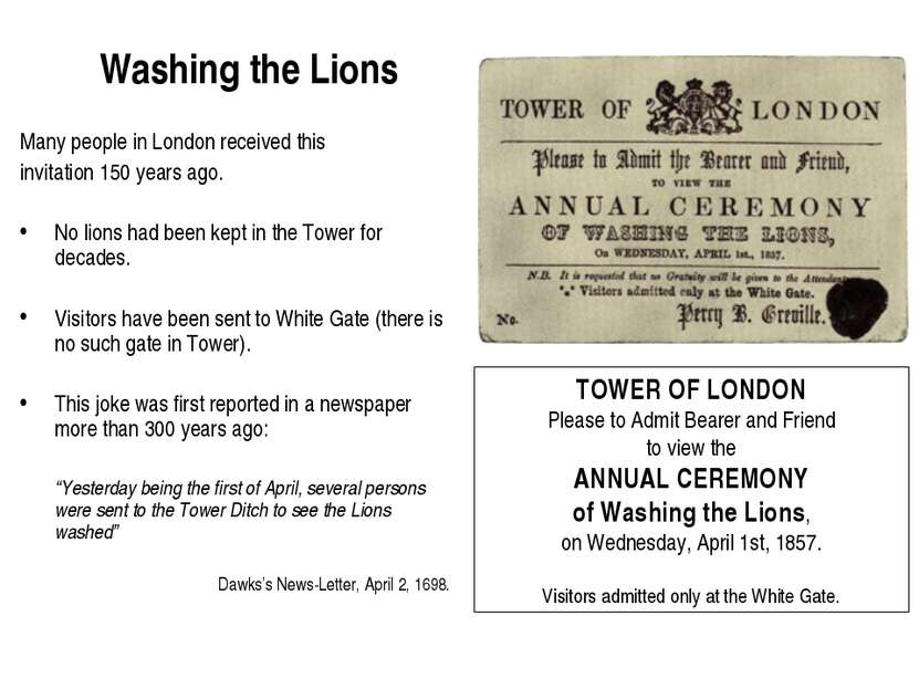 Washing the Lions Many people in London received this invitation 150 years ag...