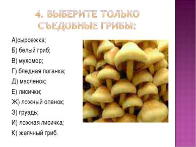 А)сыроежка; Б) белый гриб; В) мухомор; Г) бледная поганка; Д) масленок; Е) ли...