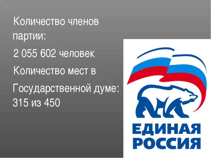 Количество членов партии: 2 055 602 человек Количество мест в Государственной...
