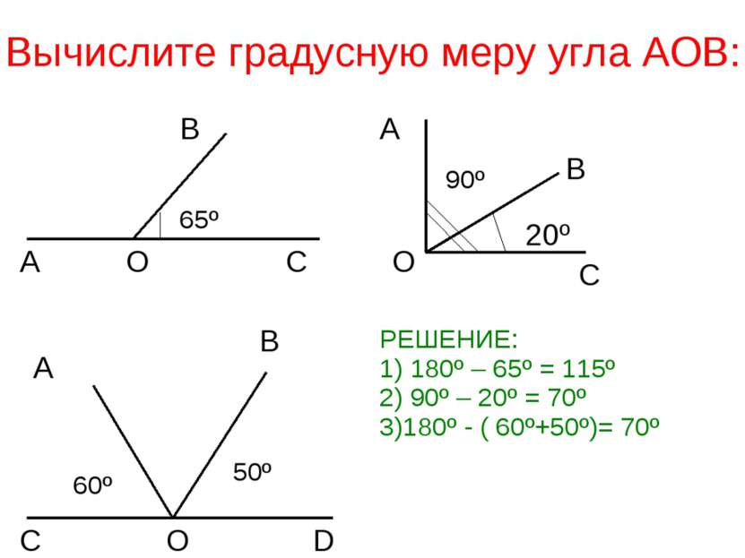 Вычислите градусную меру угла АОВ: А О С В 65º А О С В 90º 20º С О D A B 60º ...