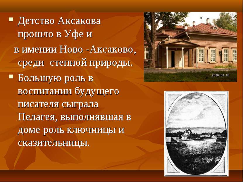 Детство Аксакова прошло в Уфе и в имении Ново -Аксаково, среди степной природ...