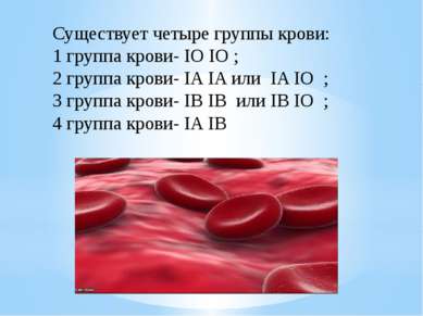 Существует четыре группы крови: 1 группа крови- IO IO ; 2 группа крови- IA IA...