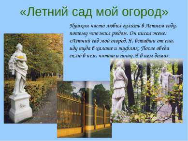 «Летний сад мой огород» Пушкин часто любил гулять в Летнем саду, потому что ж...