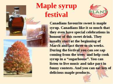 Maple syrup festival Canadians favourite sweet is maple syrup. Canadians like...