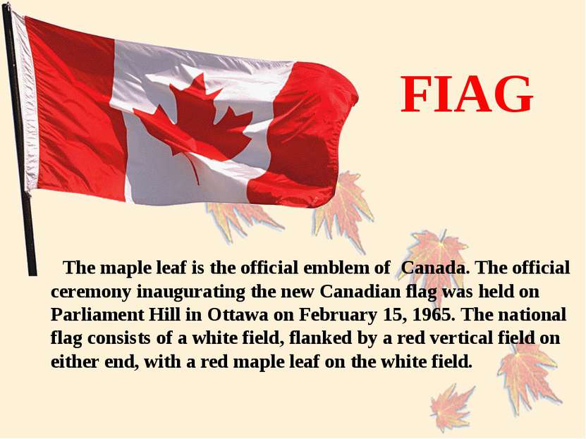 FIAG The maple leaf is the official emblem of Canada. The official ceremony i...