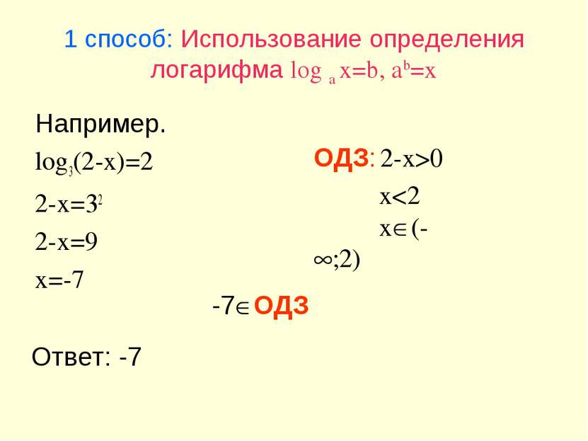 1 способ: Использование определения логарифма log a x=b, ab=x Например. log3(...